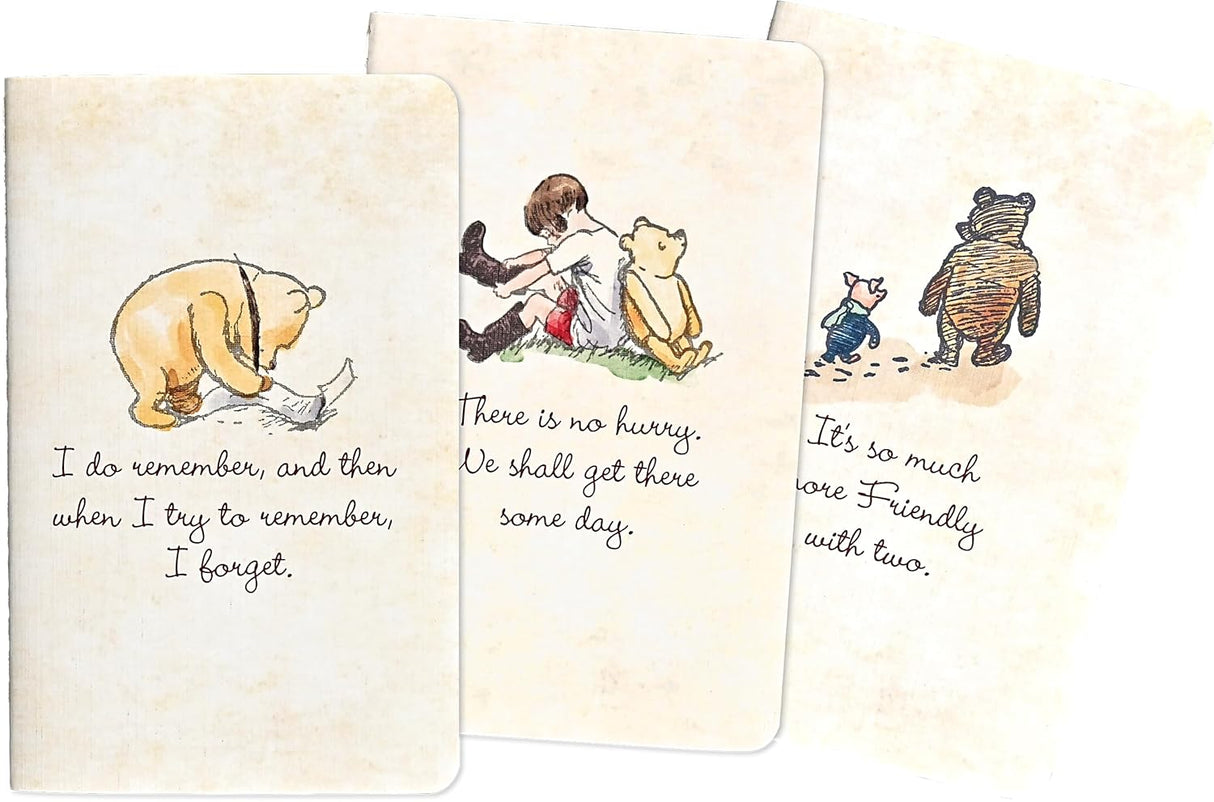 Jot down thoughts, notes, and ideas in style while on the go with this delightful set of 3 mini notebooks!
The cover of each notebook features a charming Winnie-the-Pooh design featuring A. A. Milne's beloved characters, as illustrated by Ernest H. Shepard.