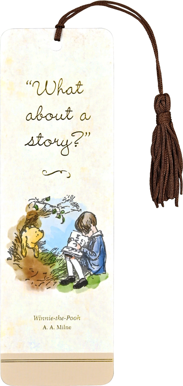 "What about a story?'' Adorable children's bookmark features illustrator E. H. Shepard's beloved depiction of Pooh and Christopher Robin for author A. A. Milne's Winnie-the-Pooh.
Children's bookmark is printed on sturdy, smooth-finish card stock. Gold foil highlights add to the magic. A matching tassel is attached.
A bonus on the back: A handy ruler printed in inches and centimeters. Bookmark measures 2-1/2'' wide x 7-1/8'' high.
Warning: Choking hazard, small parts. Not for children under 3