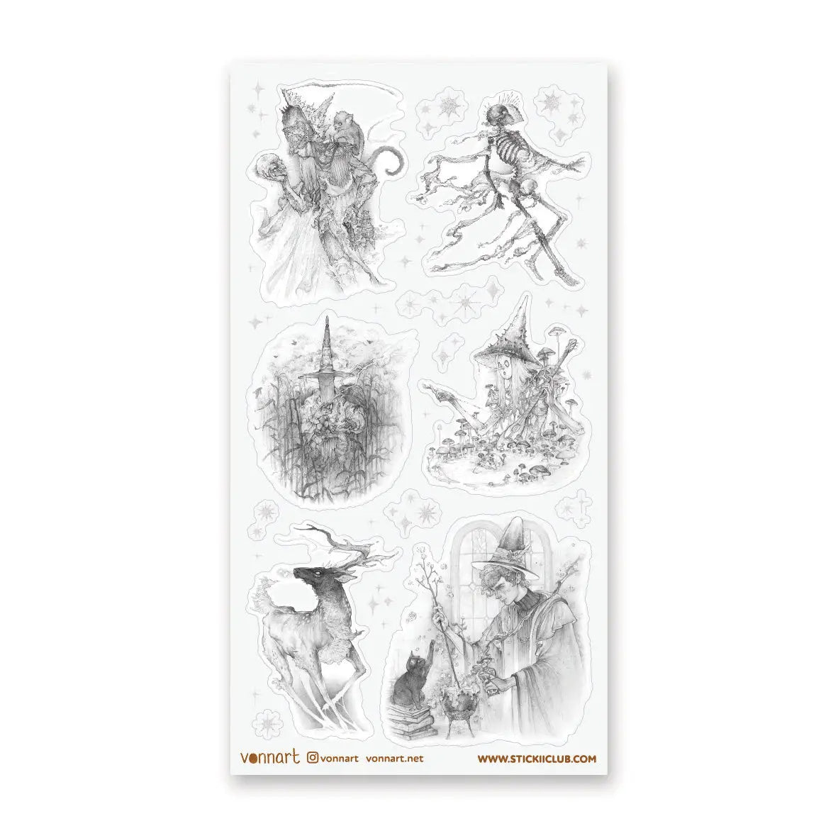 Step into @vonnart’s spellbound woodland, where stars glitter overhead and the forest keeps its secrets well. A crowned figure cloaked in bones, towering mushrooms, witchy alchemy, and an otherworldly stag emerge like fragments of a dark fairytale. Haunting, whimsical, and beautifully imaginative, it will bring a touch of forest magic to your pages.
Art by: @vonnart
One sticker sheet is included.
Top Coating: Silver foil
Adhesive Layer: Paper
Backing Layer: Paper
Size: 6.69"x3.54"
Weight-0.03oz