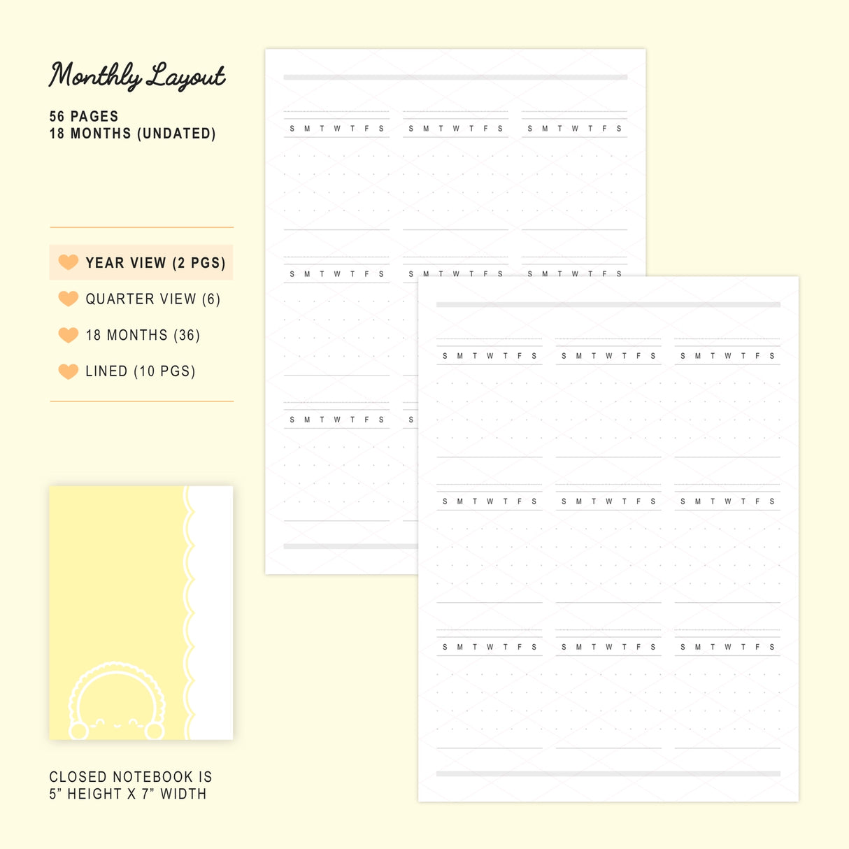 Use this monthly notebook for your agenda planning, as an insert in your B6 planner, or as a standalone notebook for doodling or memory keeping! The Steam Team's happy and cheery Dawn Tot can be seen peeking out of the front, back, and inside covers to keep you company ;)
SPECIFICATIONS
SIZE: 5" wide and 7" tall, slotting perfectly into the strings of any B6 Traveler's Notebook (TN) cover