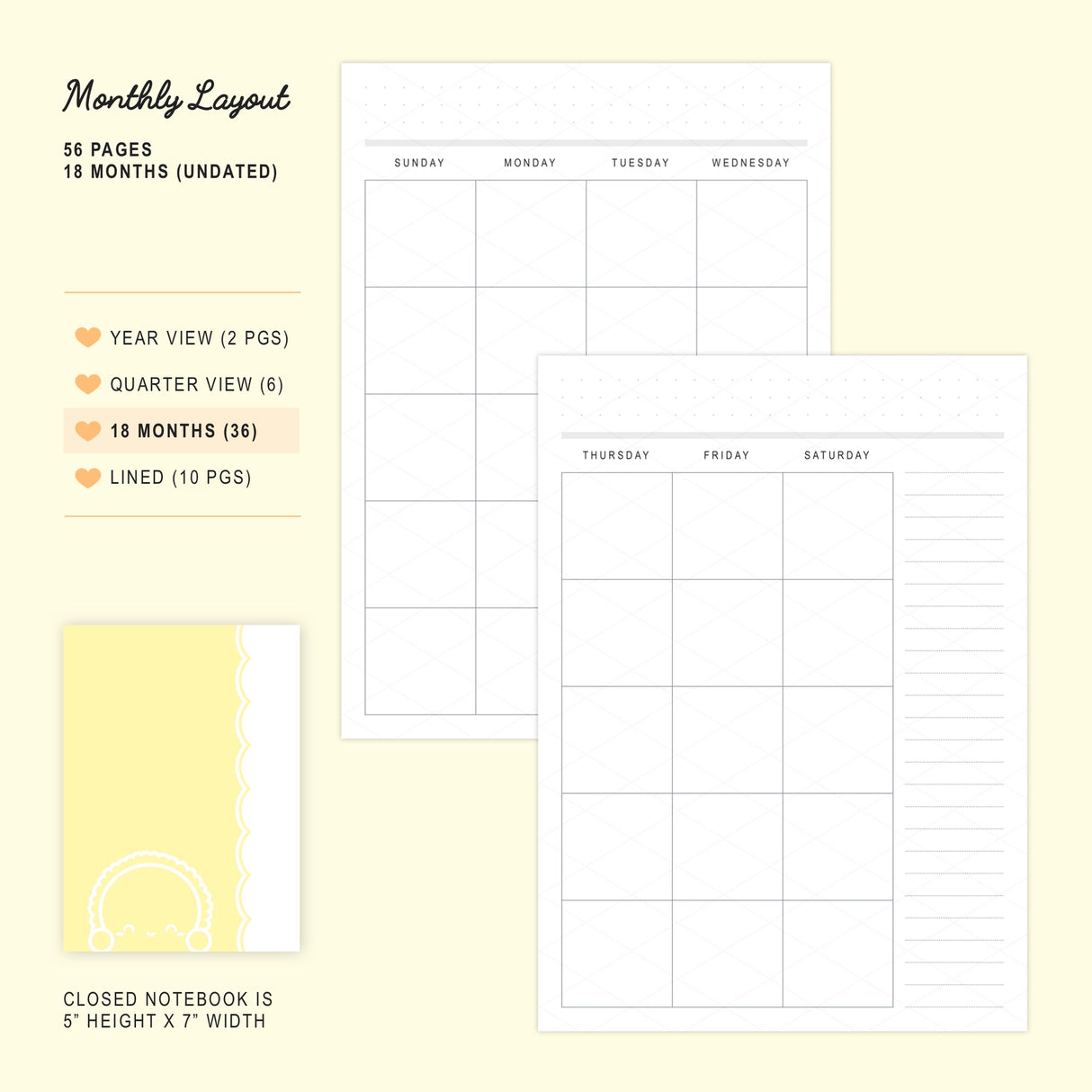 Use this monthly notebook for your agenda planning, as an insert in your B6 planner, or as a standalone notebook for doodling or memory keeping! The Steam Team's happy and cheery Dawn Tot can be seen peeking out of the front, back, and inside covers to keep you company ;)
SPECIFICATIONS
SIZE: 5" wide and 7" tall, slotting perfectly into the strings of any B6 Traveler's Notebook (TN) cover