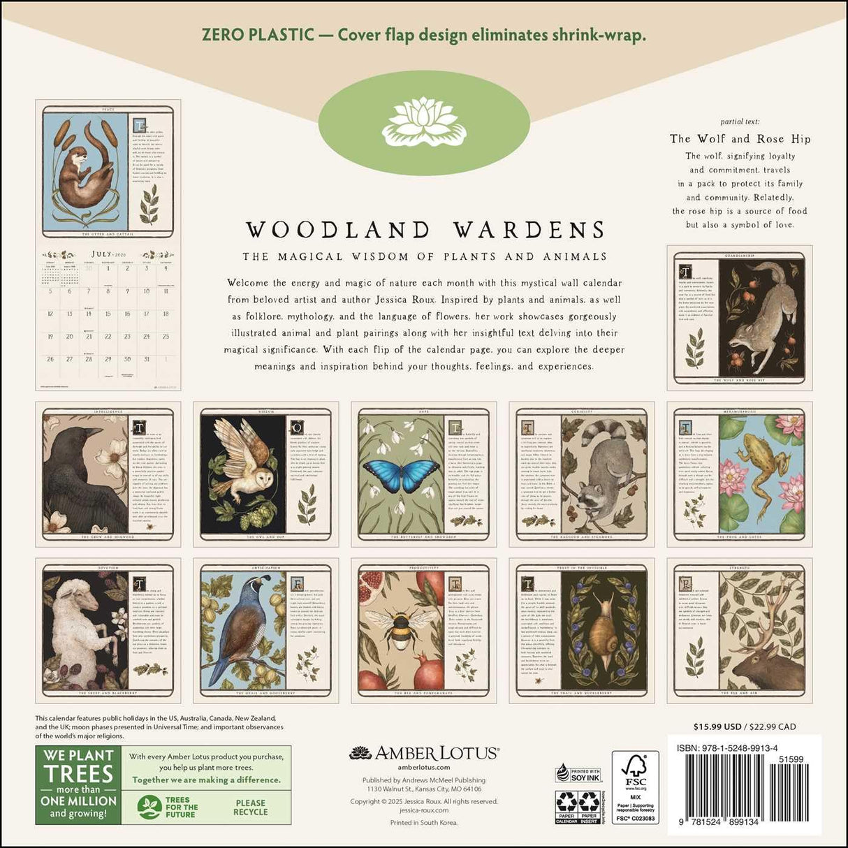 Based on the bestselling Woodland Wardens oracle card deck, this wall calendar is for spiritual seekers attuned to the magical communications of nature.
The monthly calendar showcases twelve gorgeously illustrated animal-plant pairs from beloved artist/author Jessica Roux along with her reflections on their symbolic significance as divined from folklore, mythology, and literature.