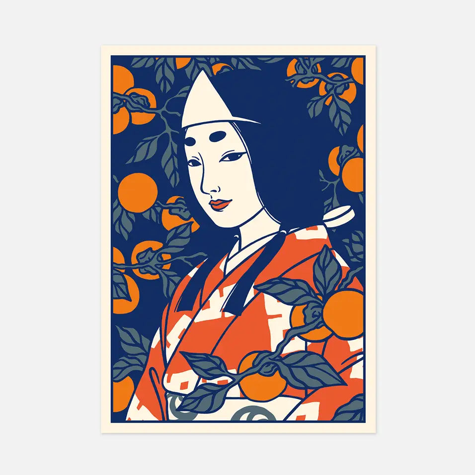 This portrait represents a yūrei (Japanese ghost) wearing a hitaikakushi (white paper triangle) on her forehead. Her makeup and hair are inspired by the style of the Heian period (794-1185). It is surrounded by persimmons, which are a very popular fruit in Japan.
• Postcard size A6 (14.8 × 10.5 cm)
• Old Mill Premium White 300g paper
• Digital printing
• Printed in France