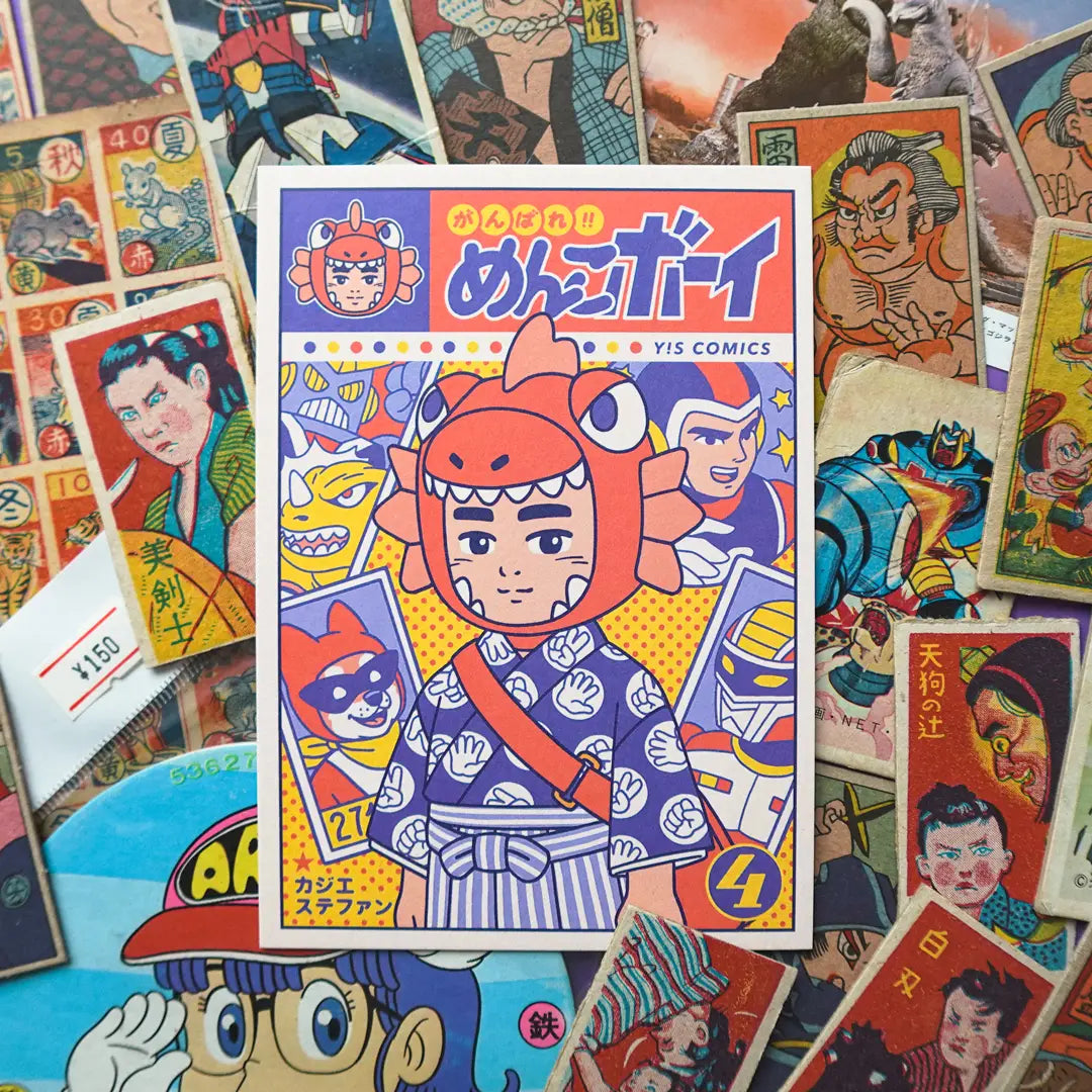 Fake book cover inspired by Tokusatsu manga and series from the Showa era. Translation: ‼ (Ganbare! Menk Boy) - Give it all, Menko Boy! Cottage - Casier Stéphane
• Postcard size A6 (14.8 × 10.5 cm)
• Old Mill Premium White 300g paper
• Digital printing
• Printed in France