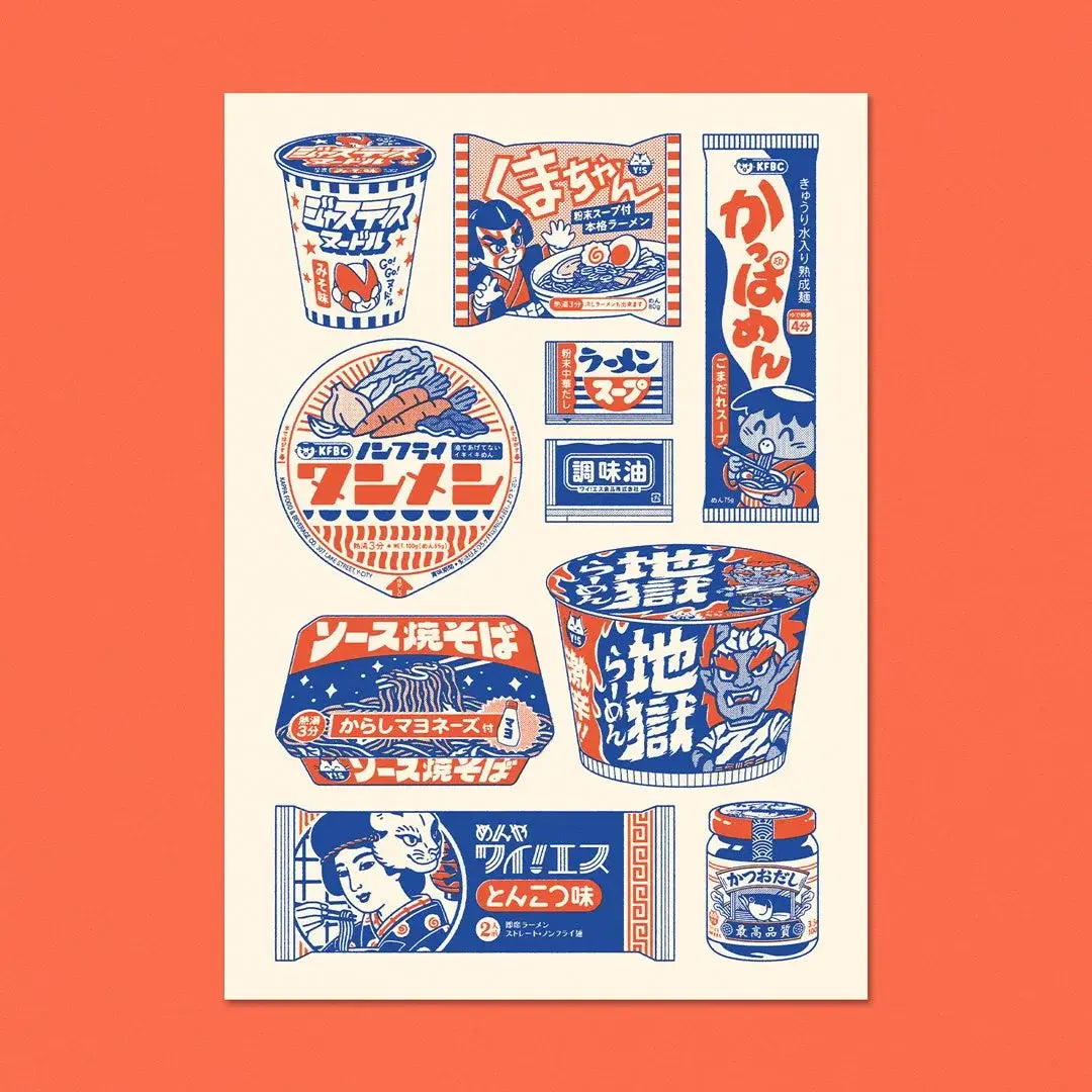 This illustration is a compilation of fake instant noodle packaging that I created.
• Postcard size A6 (14.8 × 10.5 cm)
•Fedrigoni Arena 300g/m2 FSC certified paper
• Printed in France