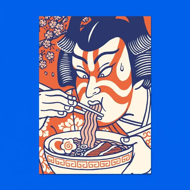 This illustration is inspired by Japanese prints (ukiyo-e) and represents a traditional Kabuki theater actor eating a bowl of ramen.
• A6 size postcard (10.5 x 14.8cm)
• Fedrigoni Woodstock 260g/m2 paper
• 80% recycled fibers, acid-free, FSC certified
• printed in France