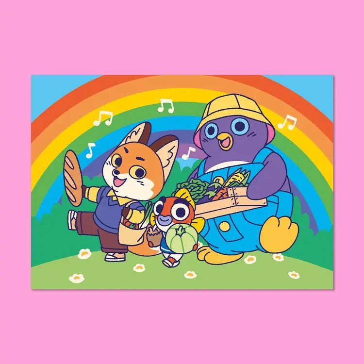 Illustration depicting our original characters Rémi, Bibule, and Pompon returning from the market.
• Postcard size A6 (14.8 × 10.5 cm)
• Old Mill Premium White 300g paper
• Digital printing
• Printed in France
