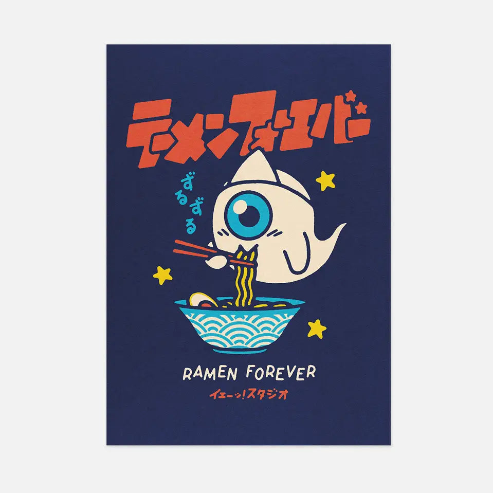 This illustration shows one of our original characters inspired by Japanese pop culture and stories, Yû, eating a bowl of ramen. Yū is a yûrei (Japanese ghost), as indicated by the white triangle he wears on his forehead called Hitaikakushi. Translations: Ramen Forever ₂ (zuruzuru) - onomatopoeia referring to the noise Japanese make when swallowing a bowl of ramen, equivalent to “slurp! Slurp!”
• Postcard format A6 (14.8 x 10.5cm)
• Fedrigoni Arena 300gm2 FSC certified paper
• printed in France