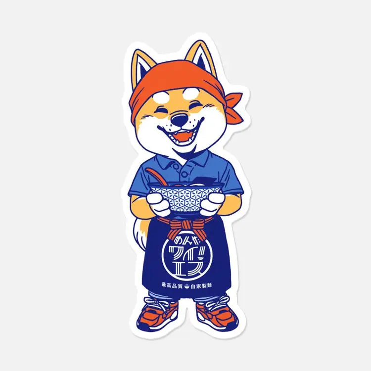 This illustration is part of our “Ramen is Love” collection.
It represents one of our original characters, Mimi the Shiba, dressed as a waiter at a fictional ramen restaurant named Menya Y! S (! ). He wears a traditional apron (maekake) with the hotel logo.
• Vinyl sticker
• 3.8x9 cm
• PVC free
• Anti-UV varnish
• Can be used outside
• Printed in Sweden