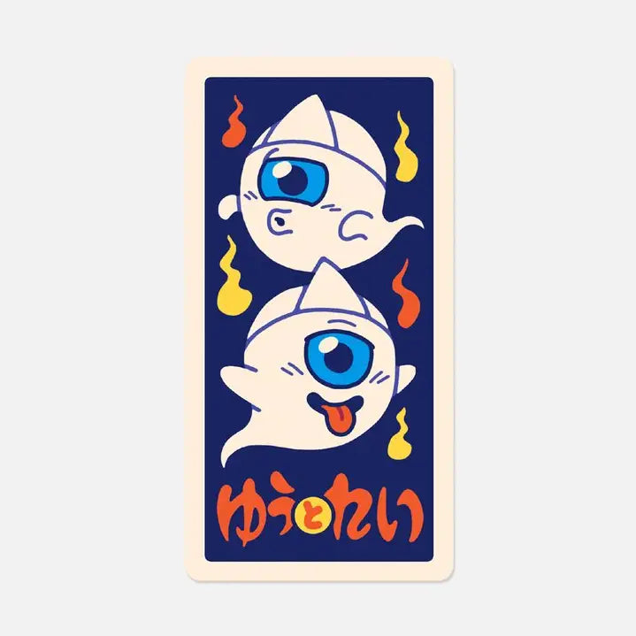This illustration is inspired by Menko cards, an ancient Japanese game similar to the Pog game. The cards, made of more or less thick cardboard, were usually illustrated with characters from manga/TV series/movies, or athletes (mainly baseball players and sumos).
On this menko we can see Yû and Rei (), the little ghosts, two of our original characters.
The white triangle on their foreheads is called hitaikakushi and is a traditional attribute of yûrei (Japanese ghosts).
• Vinyl sticker
• 4.5 x 8.8 cm
• PV