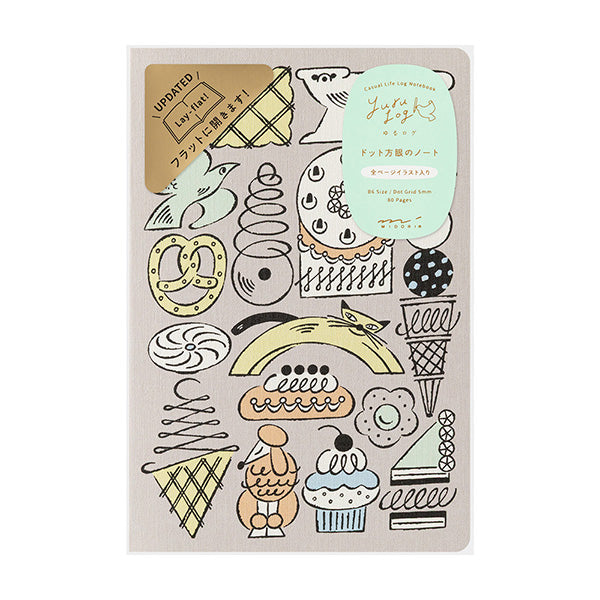 Yuru Log is a notebook series that allows anyone to easily keep a record of their daily lives in a "loose and fun" way. Yuru means Relax and Log stand for Record. It is perfect for people who want to enjoy recording their daily lives while decorating their notebooks or diaries but are not good at layout or drawing, or for beginners who are interested but find it difficult to get started.
The "Sweets and Animal Patterns" design was created by Ikumi Ouchi, known for its charming hand-drawn touch and charming