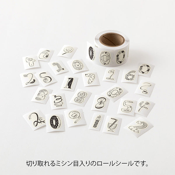 Yuru Log Sticker Roll - Numbers
Roll seals with a wide variety of designs:
Recommended for decorating notebooks, these roll stickers with perforations can be cut out as needed. It's also great that you can use plenty of stickers without hesitation when enjoying notebook arrangements.
Plenty of 310 sheets (26 designs)
The 'Number Pattern' is designed by Ikumi Ouchi, featuring a charming hand-drawn touch and charming illustrations. Graphically rendered numeral patterns look wonderful when used as da