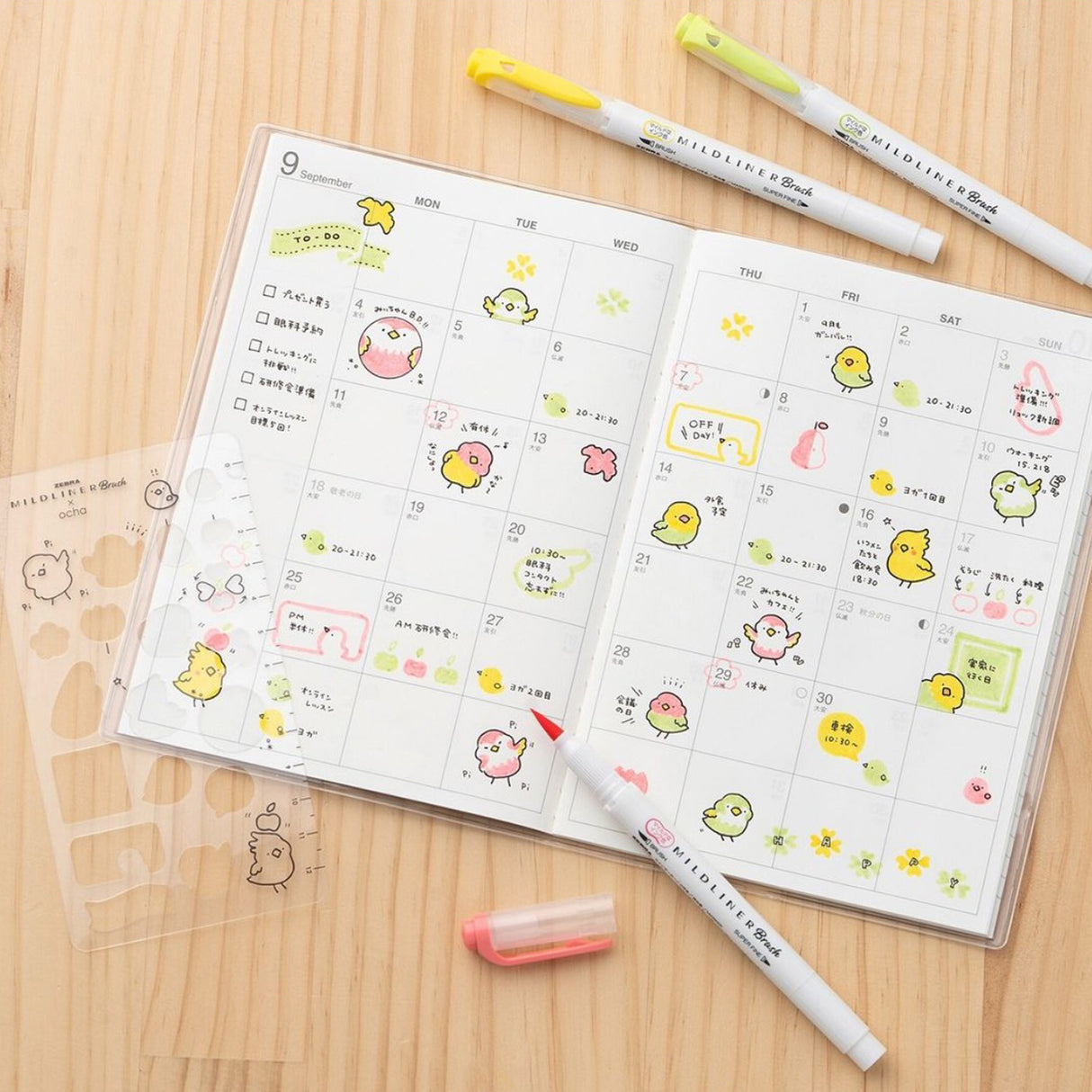 Juego de pinceles Zebra Mildliner y plantillas Ocha: pájaros alegres