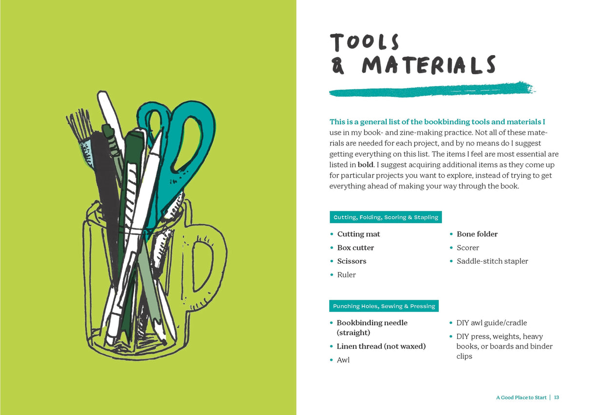 Learn to create zines and books with this approachable guide featuring illustrated, step-by-step lessons on making many different book formats. The possibilities are endless!
Channel your passions into zines, create your own notebooks and calendars, and try your hand at impressive pop-up and accordion books. This illustrated guide will empower you to share your ideas with the world in personalized, handcrafted packages. Whether you want to create a poetry chapbook, an illustrated ode to the people on your