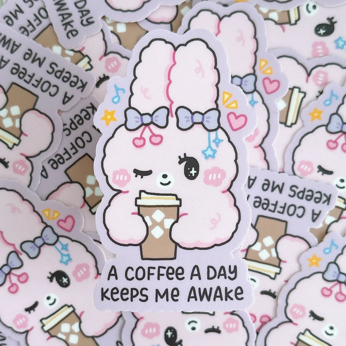 StickyRiceCo Vinyl Sticker - A Coffee A Day Keeps Me Awake Fluffy Bunny