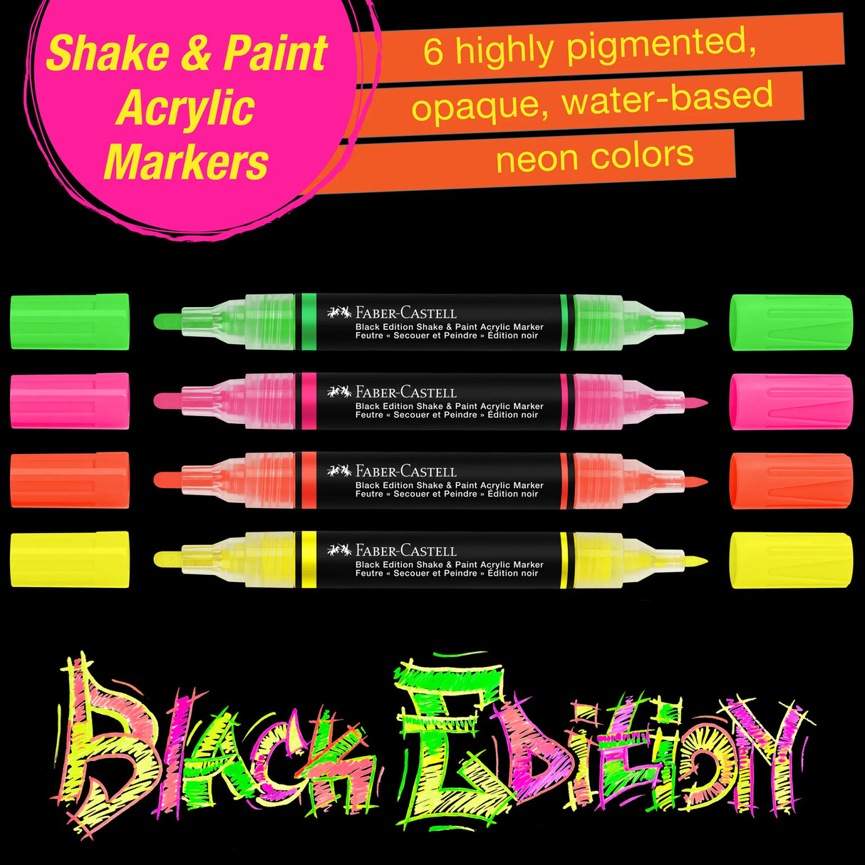 Faber-Castell Black Edition Shake & Paint Markers - Neon 4ct