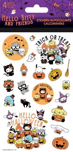 Halloween-themed stickers with Hello Kitty and friends on a purple backing.