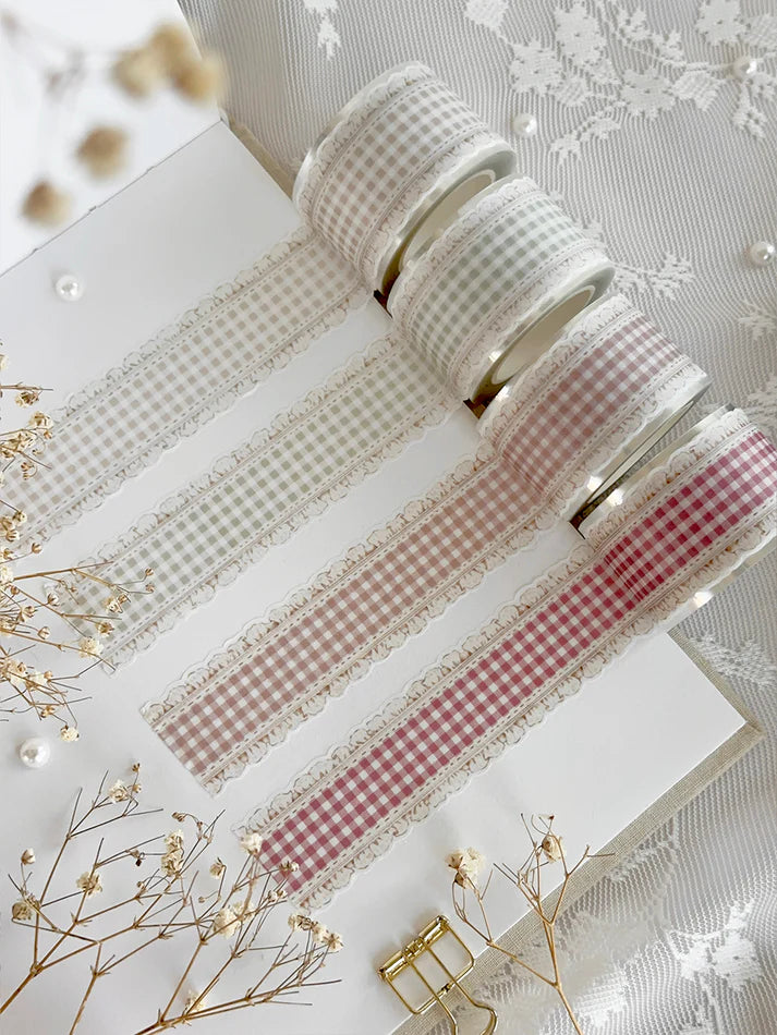 ♡ beige, sage green, brown, cherry red plaid ruffles die cut washi tape
♡ perfect for layering or adding backgrounds!
♡ 30mm wide die cut washi is very delicate, careful when unraveling!
♡ all washi is 10m long