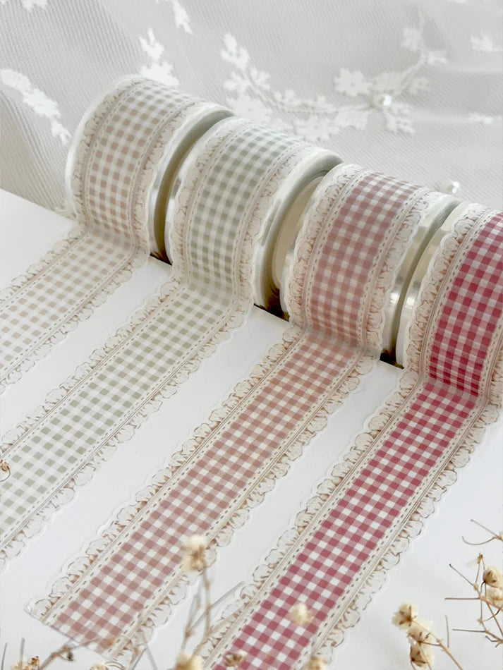 ♡ beige, sage green, brown, cherry red plaid ruffles die cut washi tape
♡ perfect for layering or adding backgrounds!
♡ 30mm wide die cut washi is very delicate, careful when unraveling!
♡ all washi is 10m long