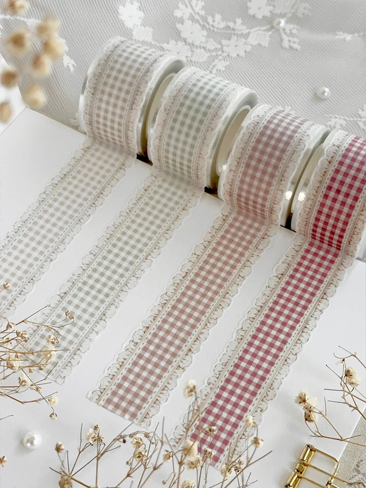 ♡ beige, sage green, brown, cherry red plaid ruffles die cut washi tape
♡ perfect for layering or adding backgrounds!
♡ 30mm wide die cut washi is very delicate, careful when unraveling!
♡ all washi is 10m long