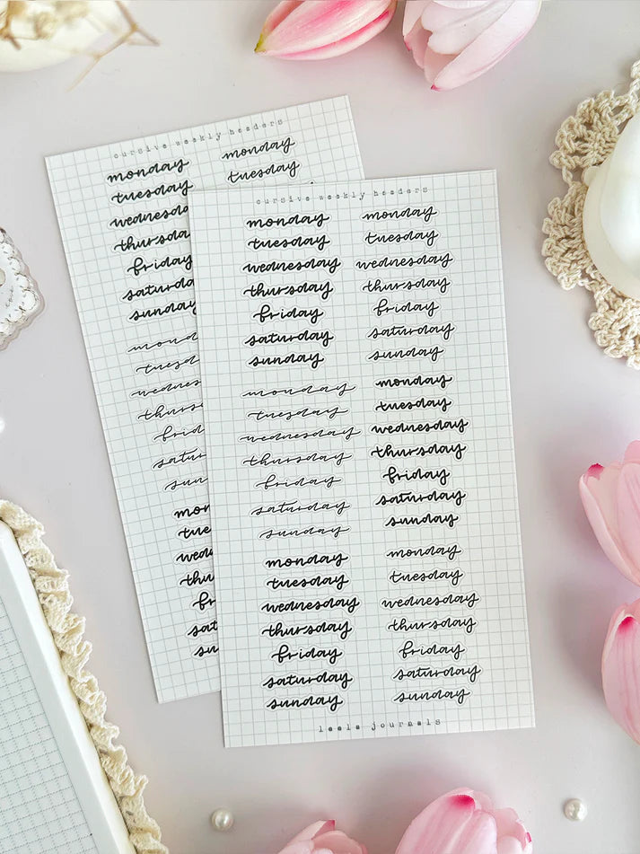 leelajournals Monthly & Weekly Headers Sticker Sheet - 3pc set
♡ 3pc sticker sheet set - 3 large
♡ pet matte (clear)
♡ dimensions estimated: L: 4x7 (in) | S: 4x3 (in)