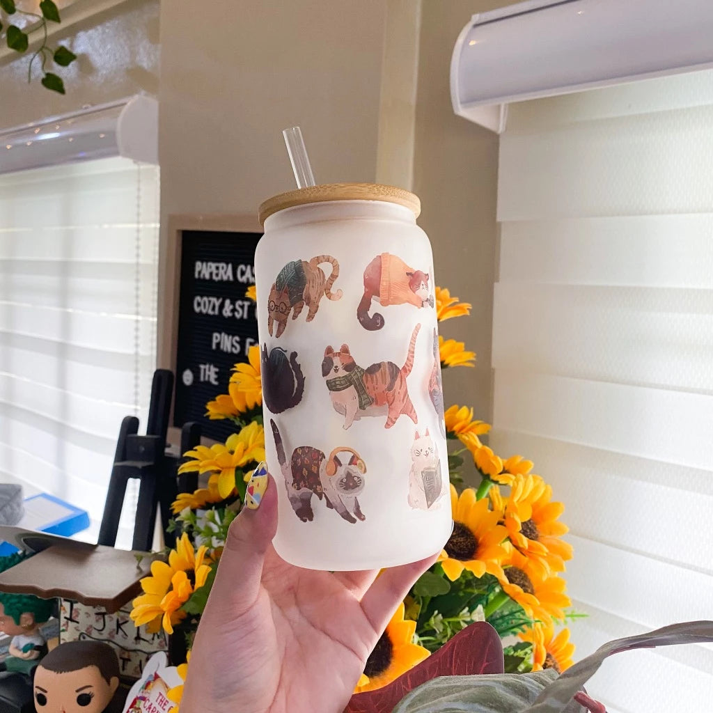 PaperaicaShop Cozy Cats Frosted Glass Cup