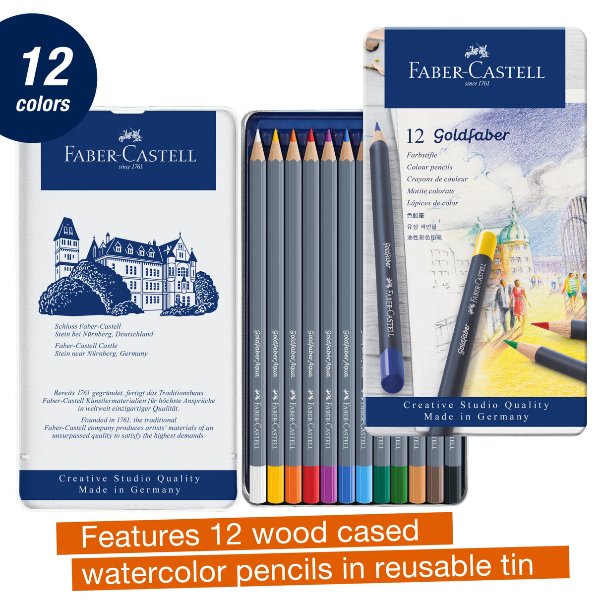 Faber-Castell Goldfaber Aqua Watercolor Pencils - Tin of 12