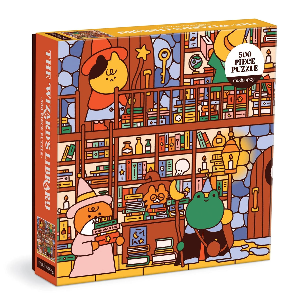 Puzzle box with colorful illustration of a wizard's library scene