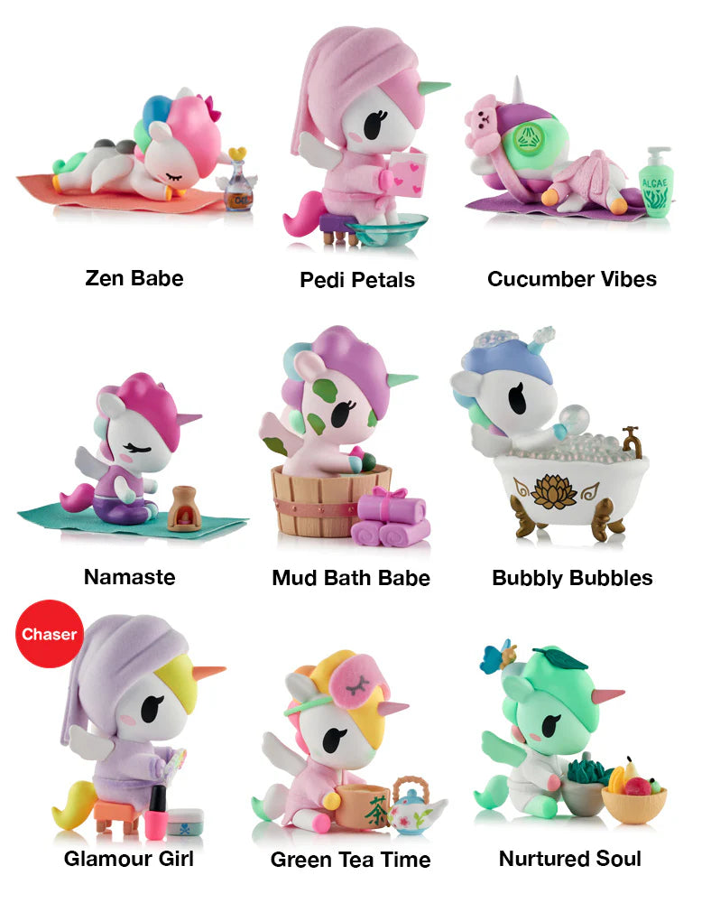 Relax, refresh, and reveal a surprise! The Spa Day Unicorno Blind Box series brings pampering vibes and peaceful charm to your Unicorno collection! This relaxing 9-figure series includes characters like Zen Babe, Mud Bath Babe, Bubbly Bubbles, Pedi Petals, and more! Treat yourself to a little kawaii wellness!