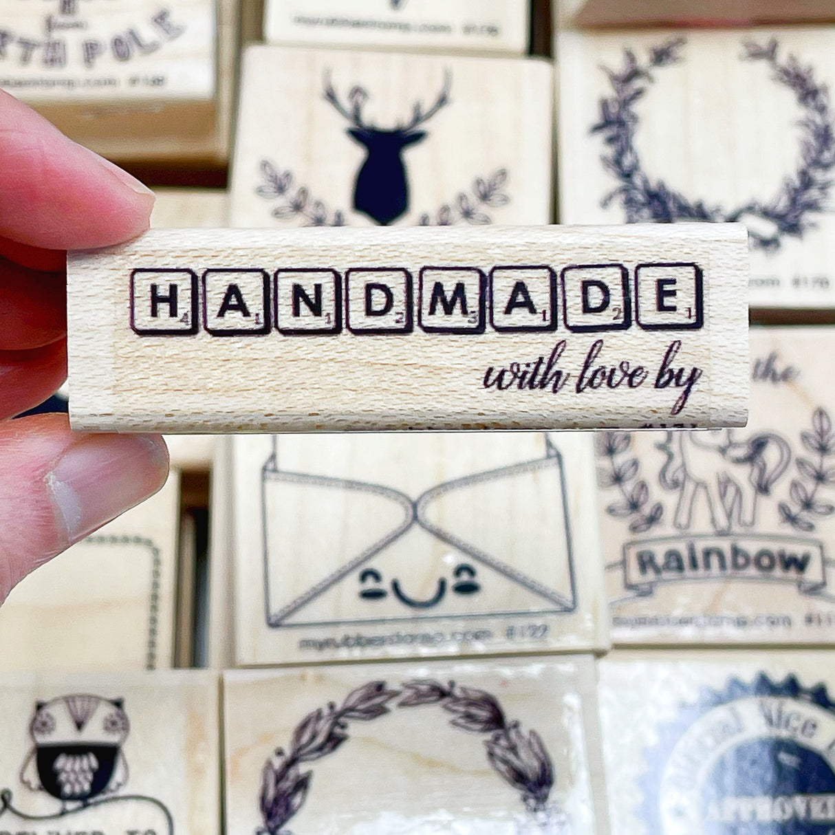 Handmade With Love By Scrabble Rubber Stamp, perfect for labeling your homemade goodies, cards, cookies and jam.