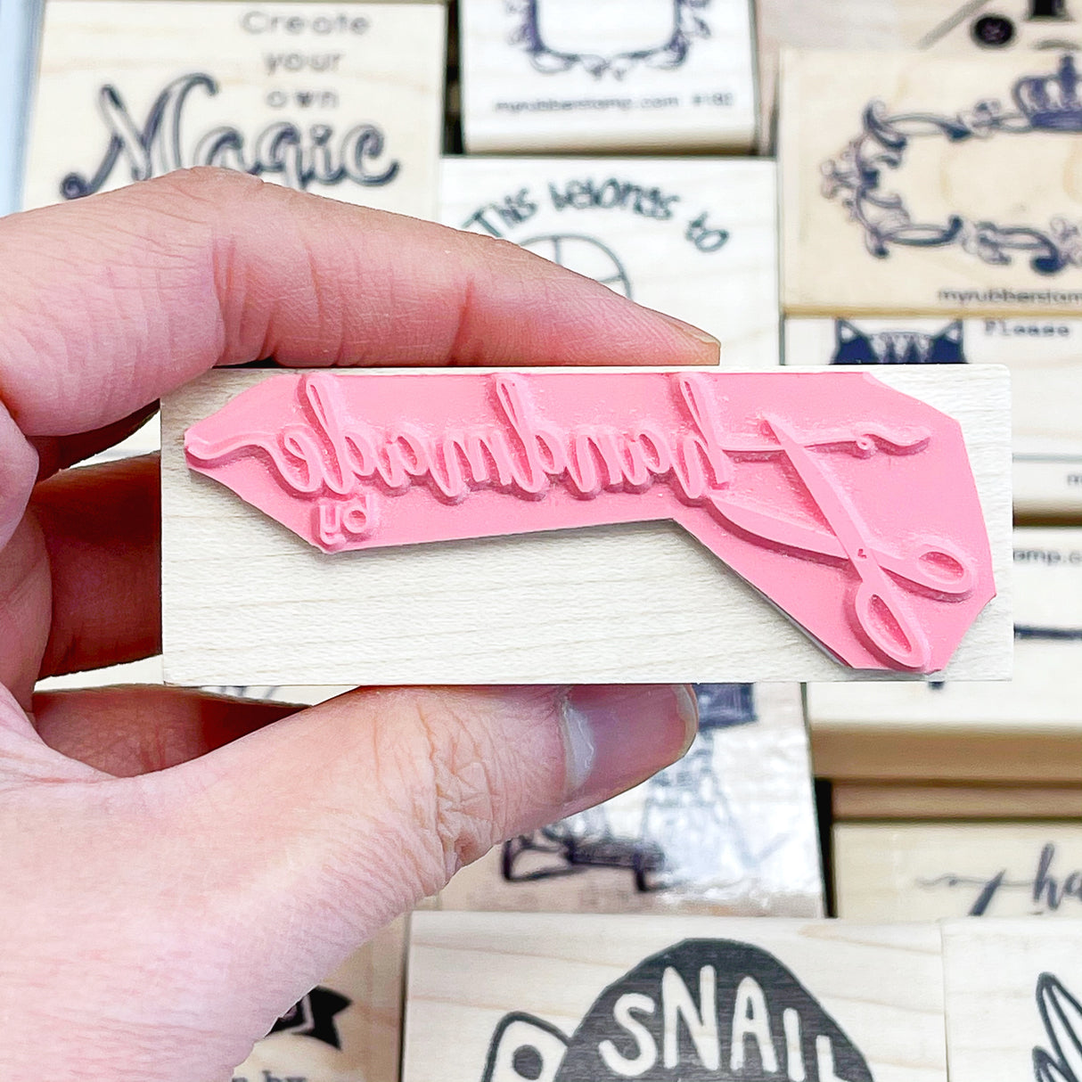 Script Handmade By Scissors Rubber Stamp, perfect for labeling your homemade goodies, cards, cookies and jam.