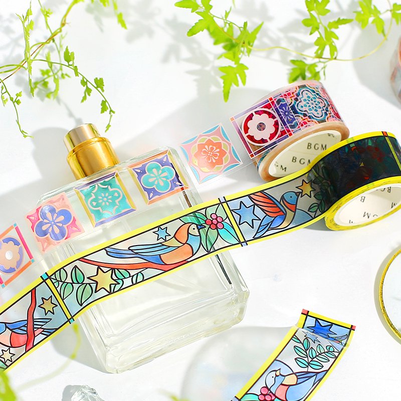 Stained Glass Birds and Plants Washi Tape Clear BGM