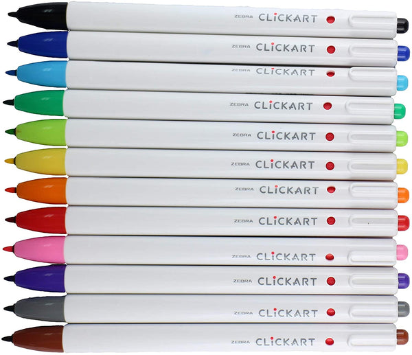 ZEBRA Pen CLICKART Retractable Marker Pen 12 Colors - Never Dries Out - NEW