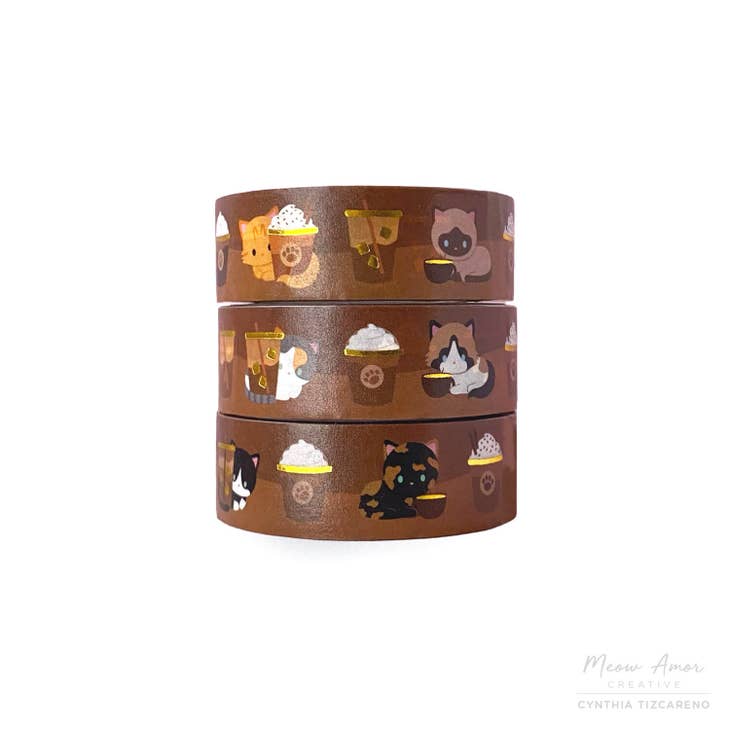 Cinta washi dorada con diseño de gatos y café