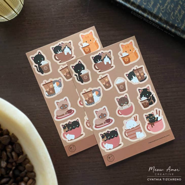 Hoja de pegatinas de gatos de café