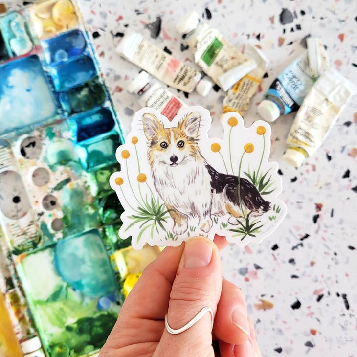 Pegatina de Corgi con Craspedia