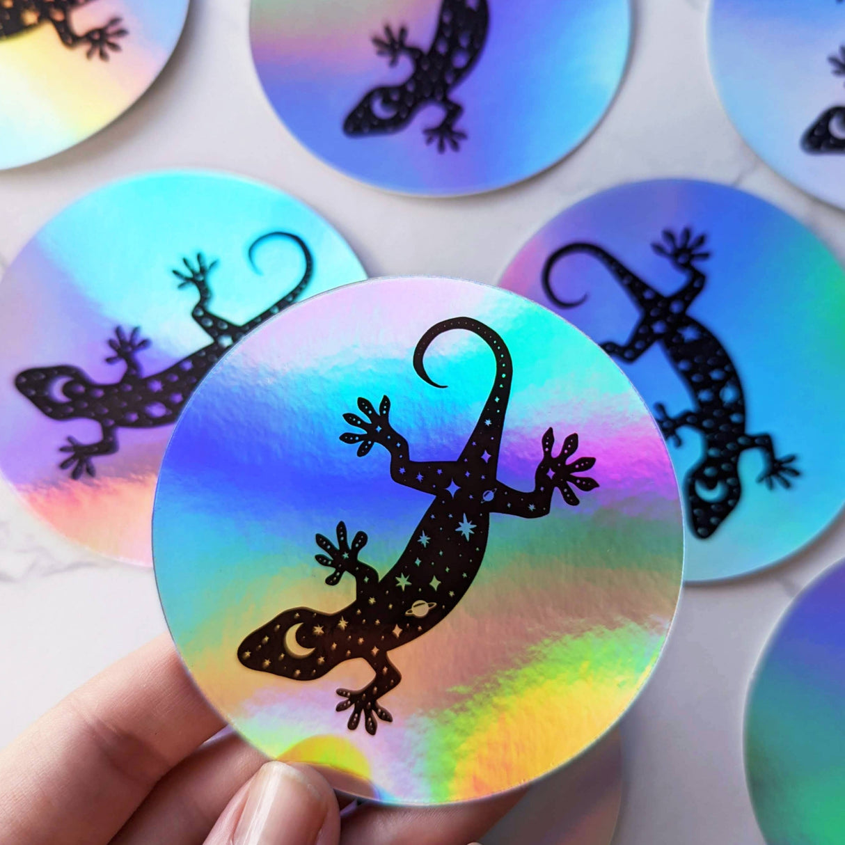 Pegatina holográfica de gecko celestial