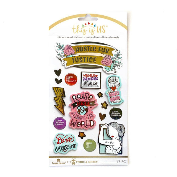 THIS IS US- Keep all of the important causes top-of-mind with these Wire and Honey 'Hustle for Justice' dimensional stickers! Add a pop of color and a powerful message to all of your projects, then share your work with the world to spread the thoughts of positive change!