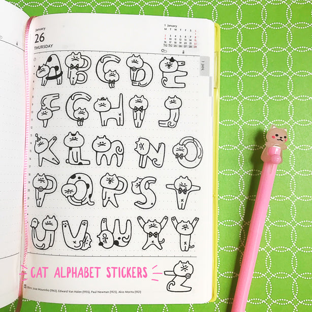 Kitty Cat Letters Alphabet Flake Stickers, about 70pcs. Fun clear stickers for any and every occasion! Use these tracing stickers every day on planner, cards, photo album, frames, gift wrap, stationery, scrapbook pages, lunch bags, calendars and more to personalize your world.