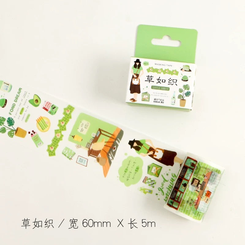 Cinta washi ancha con diseño de collage de color verde claro