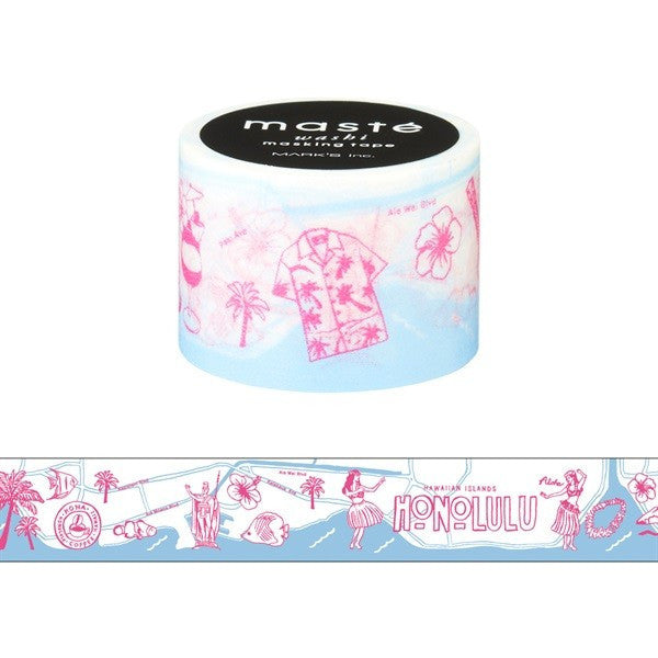 Hawaii Honolulu Map Maste Japanese Masking Tape featuring Hula girl, tropical beach, coconut tree, reef fishes & more. Drawn with unique and in detail. Made in Japan.