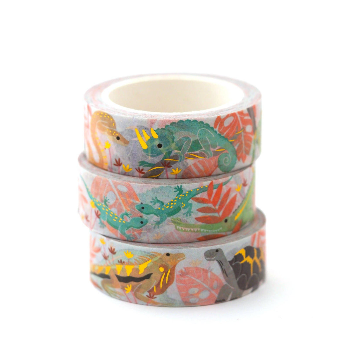 This cute washi tape features eight scaly species: Jackson's chameleon, emerald boa, iguana, Galapagos tortoise, Tokay gecko, Gharial, Brookesia micra (the smallest known chameleon), and Burmese python.