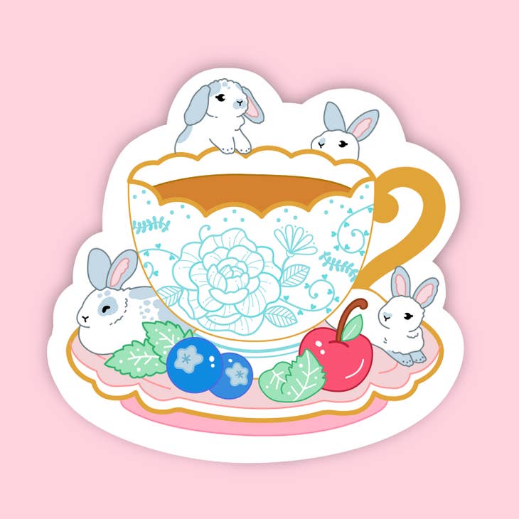 Pegatina de vinilo de conejo en forma de taza de té