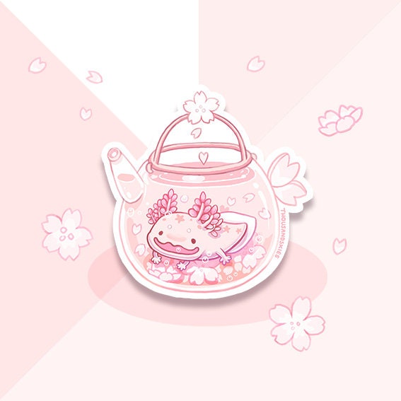 Thousand Skies Cherry Blossom Axolotl Tea Clear Vinyl Sticker