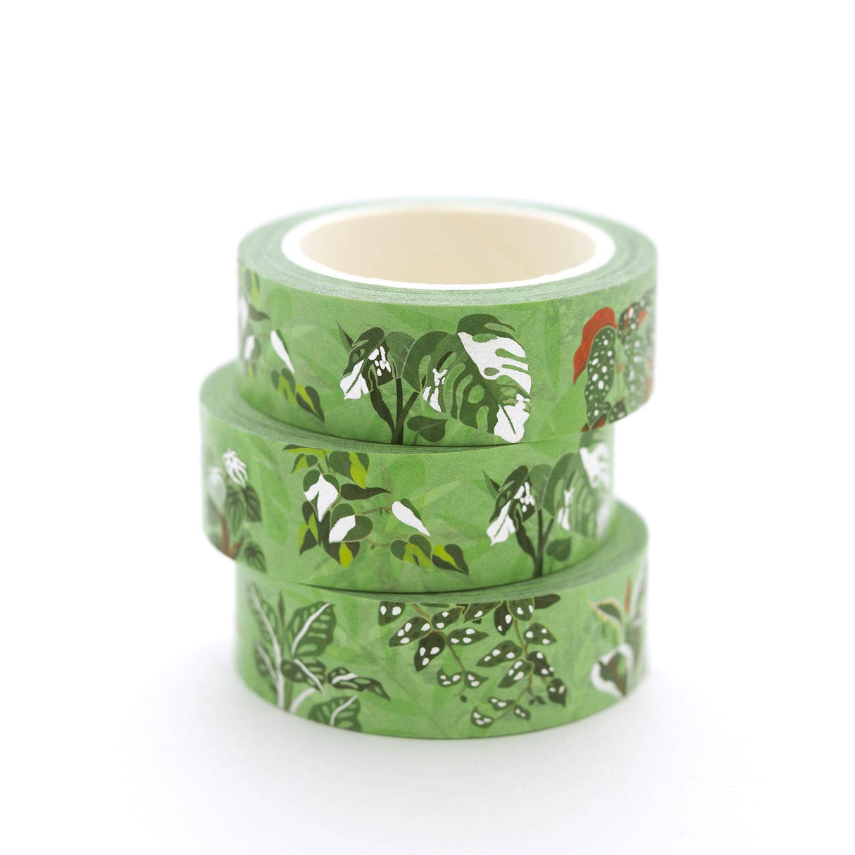 This cute washi tape features 12 of our favorite tropical houseplants: Ficus tineke, Peperomia argyreia "watermelon peperomia", Philodendron scandans brasil, Monstera deliciosa variegated, Begonia maculata, Philodendron Silvery Anne, Ctenanthe lubbersiana, Pilea peperomioides, Staghorn fern, Stromanthe triostar, Monstera adansonii, Hoya krinkle8.