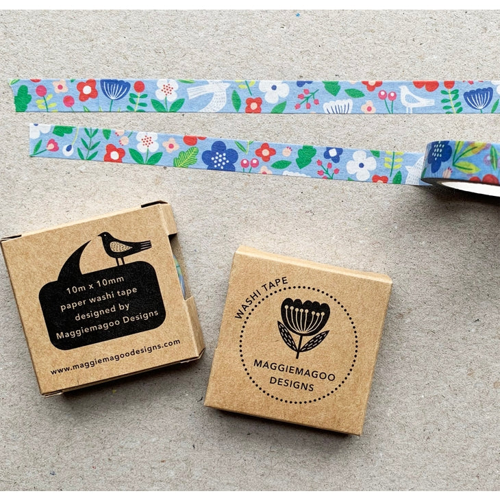 Cinta washi con estampado de flores azules