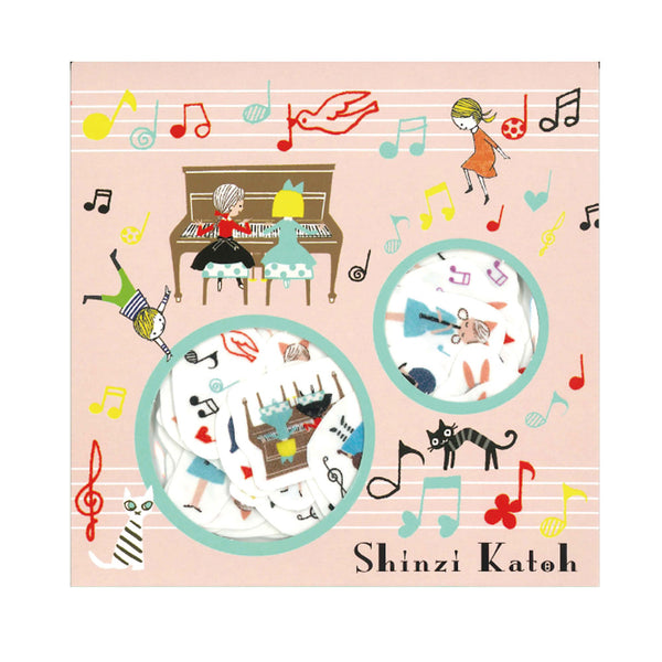 Shinzi Katoh Design Children Playing Music Instruments Flake Sticker, made in Japan.