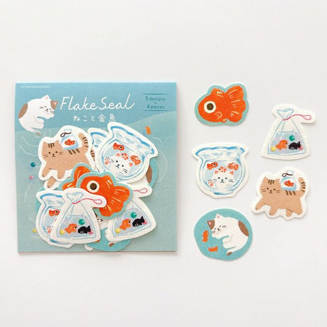 Furukawashiko Flake Sticker - Cat and Goldfish