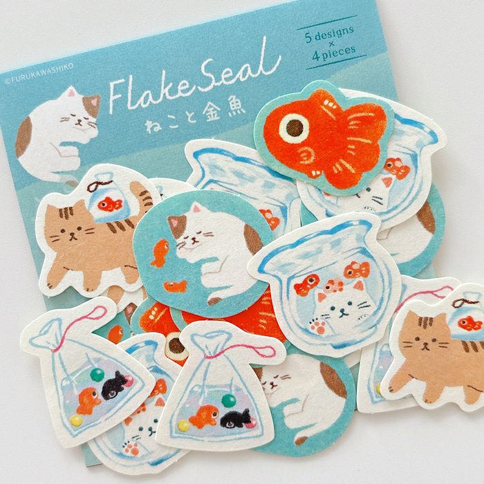Furukawashiko Flake Sticker - Cat and Goldfish