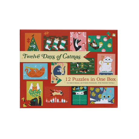 Celebrate the warmth, love, and cheer of the holiday season with 12 unique Christmas cat puzzles, all in one box!

Each puzzle can be completed solo or divided amongst friends and family! Just in time for the holidays, these 12 illustrated cat puzzles are perfect for families and friends looking for an activity to do together.&nbsp;

Something for Everyone: With 12 puzzles in a box with 576 pieces, there are enough for everyone! Whether you just want your own puzzle or you want to compete, these are great f
